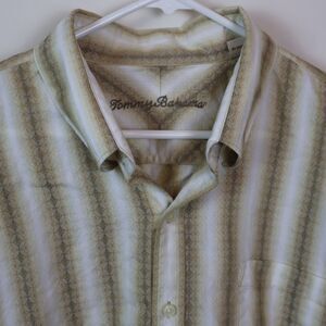 Tommy Bahama Shirt Mens XXL Beige Brown Aztec Embroidered Striped Button Up
